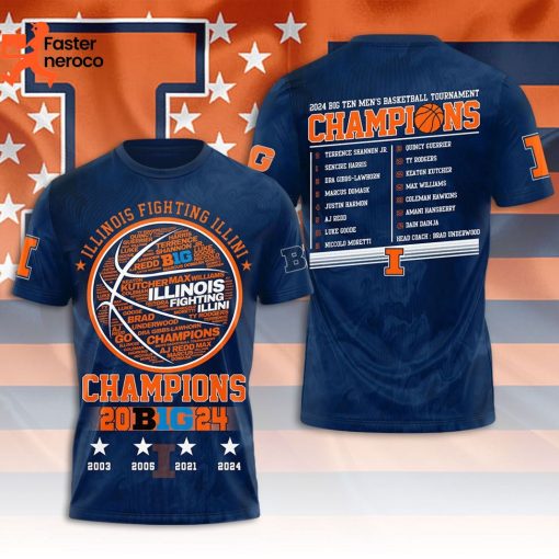 Illinois Fighting Illini 2024 Big Ten Men Basketball Tournament Champions 3D T-Shirt