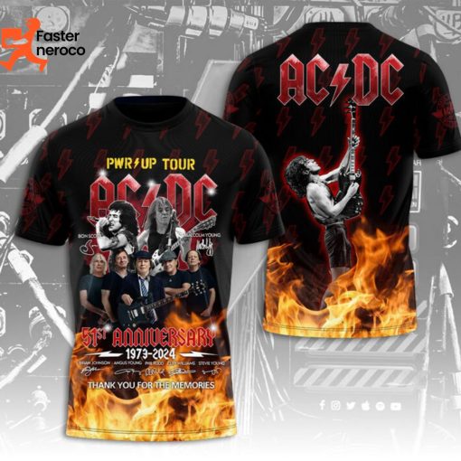 PWR Up Tour AC DC 51st Anniversary 1973-2024 Signature Thank You For The Memories Design 3D T-Shirt