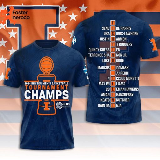 2024 Big Ten Mens Basketball Tournament Champs Illinois Fighting Illini 3D T-Shirt