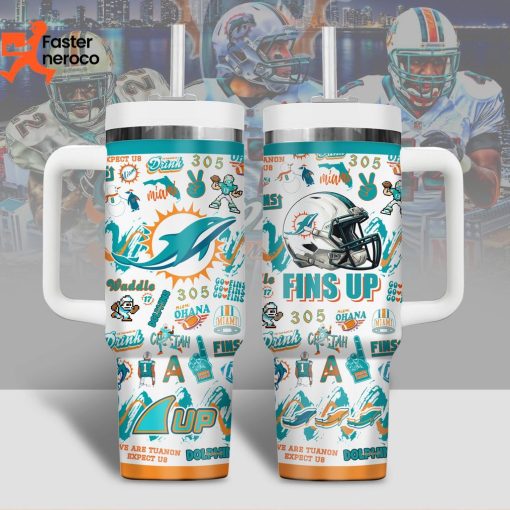 Miami Dolphins Fins Up Design Tumbler With Handle And Straw